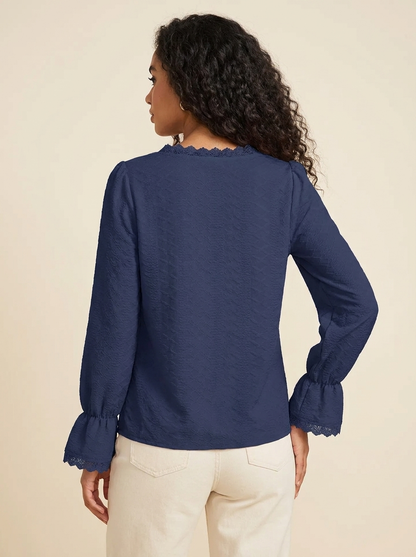 VelouraAvenue V-Neck Flounce Blouse - Navy - Image 6