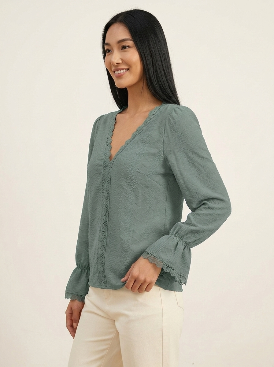VelouraAvenue V-Neck Flounce Blouse - Sage - Image 17