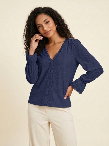 VelouraAvenue V-Neck Flounce Blouse - Navy - Image 4