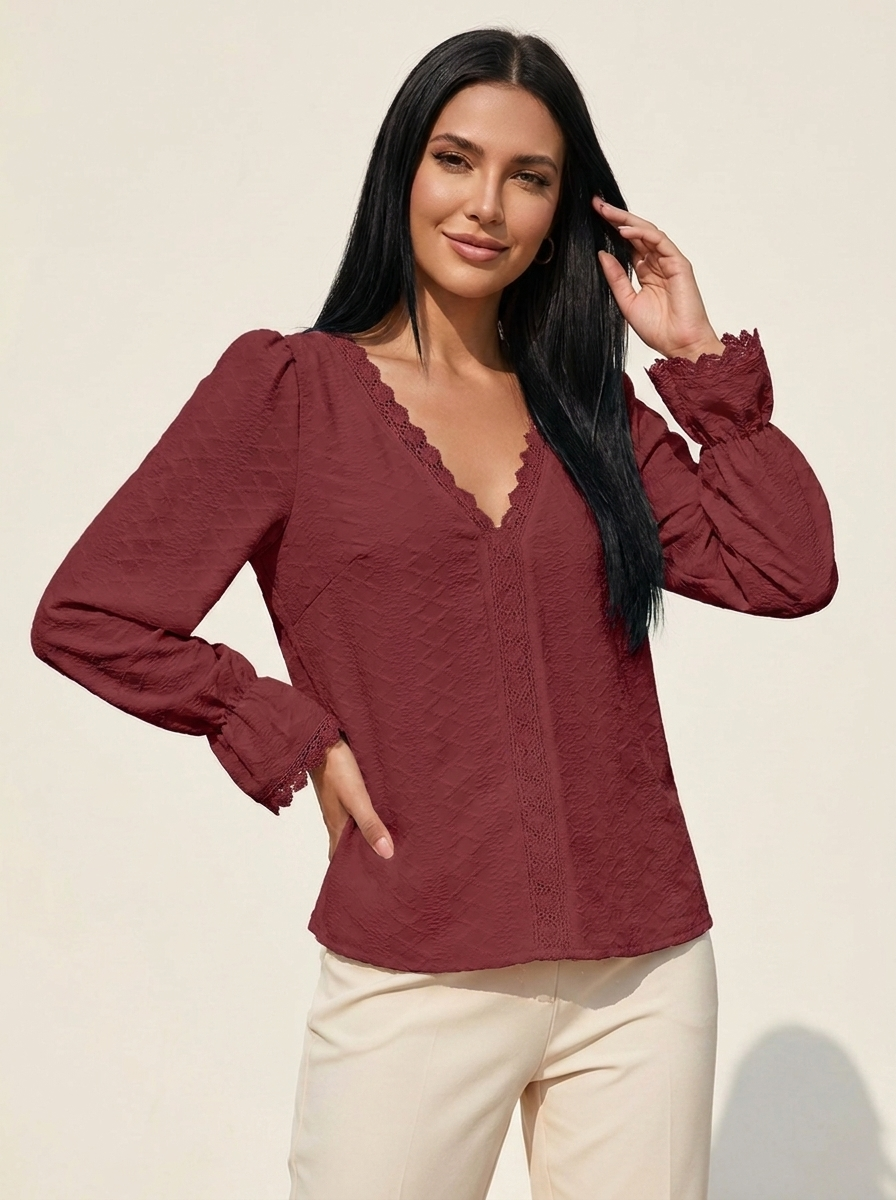 VelouraAvenue V-Neck Flounce Blouse - Wine - Image 13