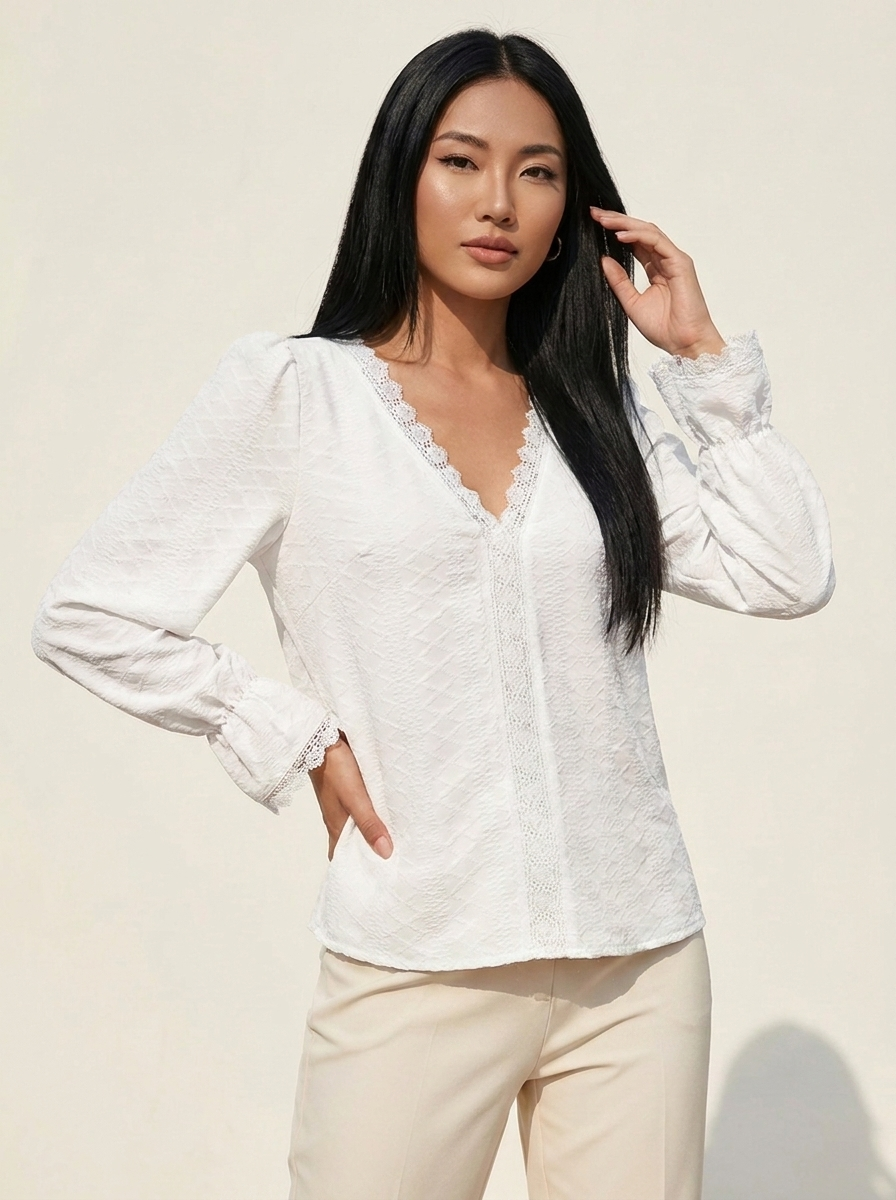 VelouraAvenue V-Neck Flounce Blouse - White - Image 1
