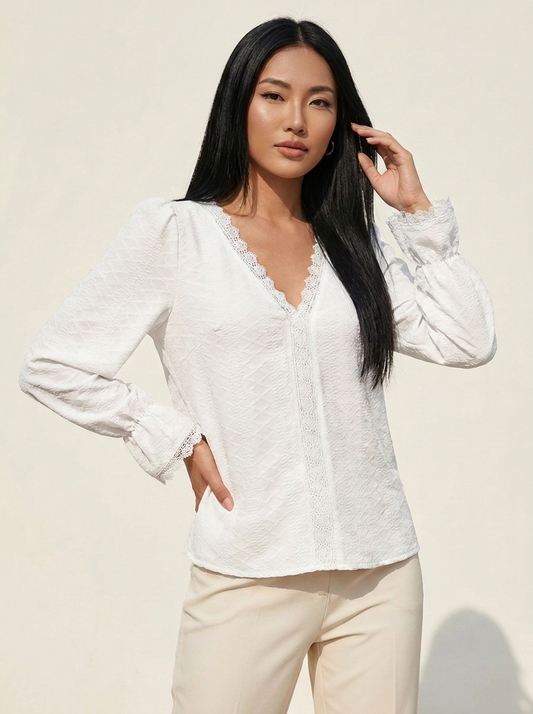 VelouraAvenue V-Neck Flounce Blouse - White - Image 1