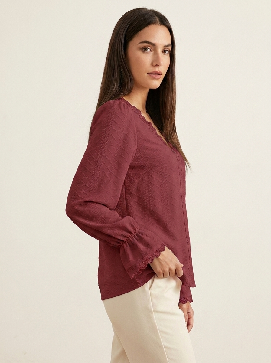 VelouraAvenue V-Neck Flounce Blouse - Wine - Image 14