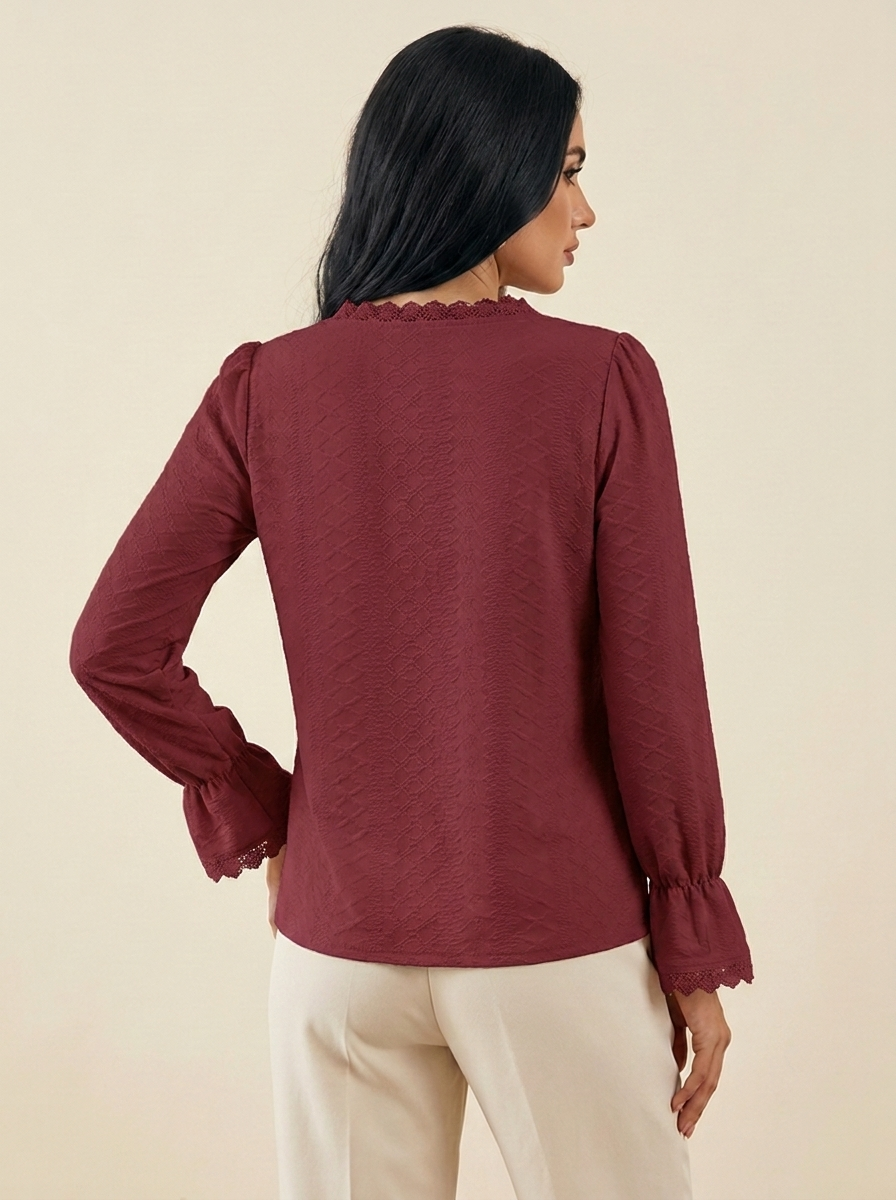 VelouraAvenue V-Neck Flounce Blouse - Wine - Image 15