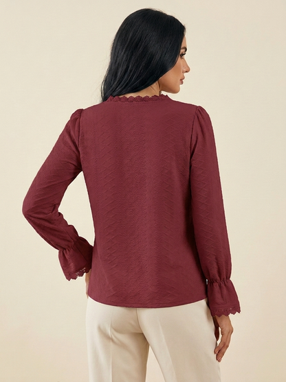 VelouraAvenue V-Neck Flounce Blouse - Wine - Image 15