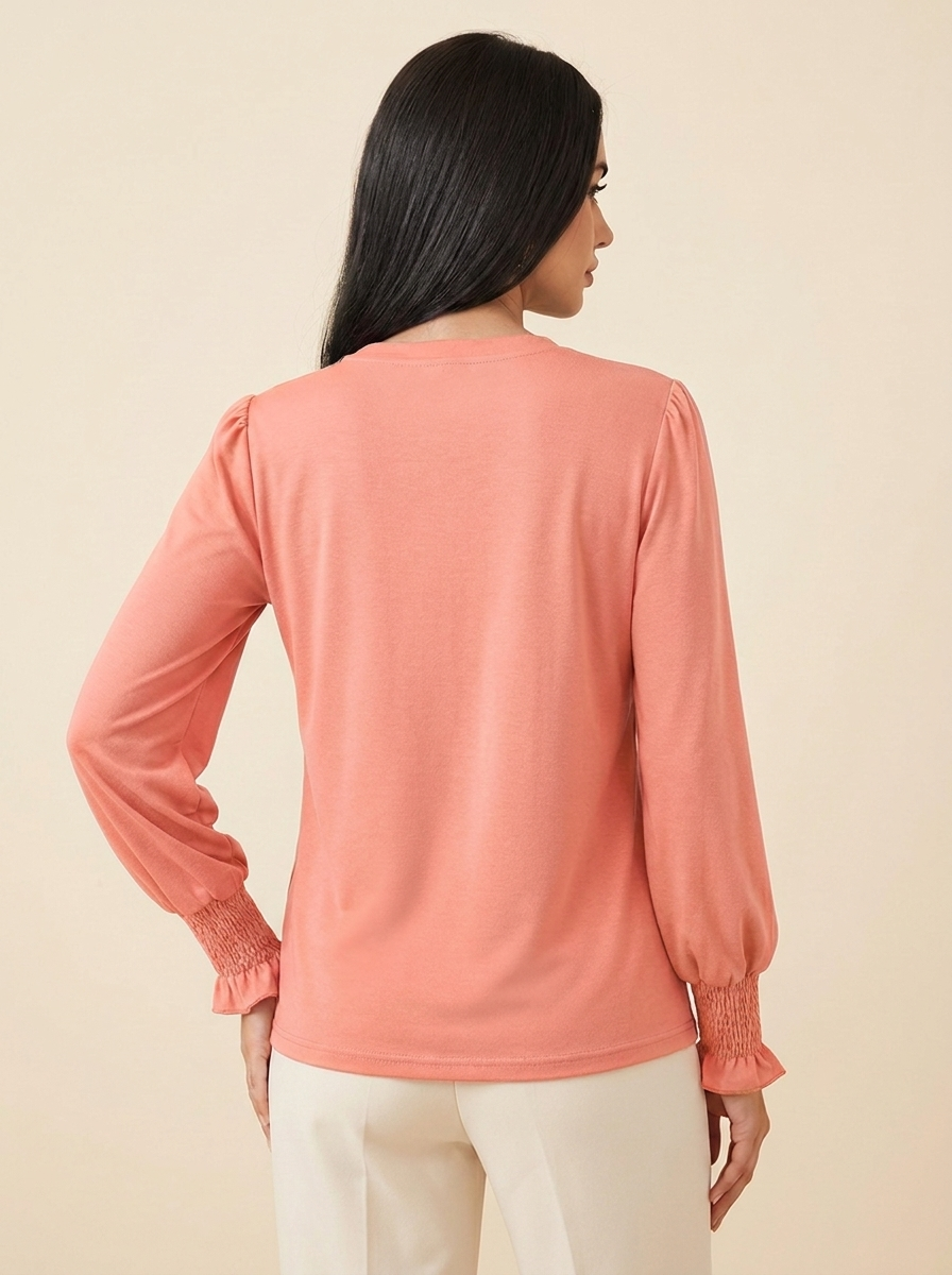 VelouraAvenue Notched Flounce Sleeve Blouse - Peach - Image 9
