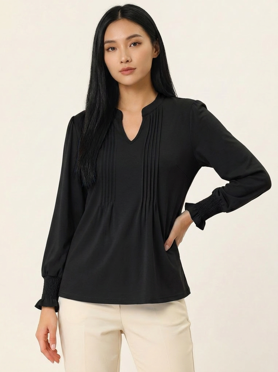 VelouraAvenue Notched Flounce Sleeve Blouse - Black - Image 10