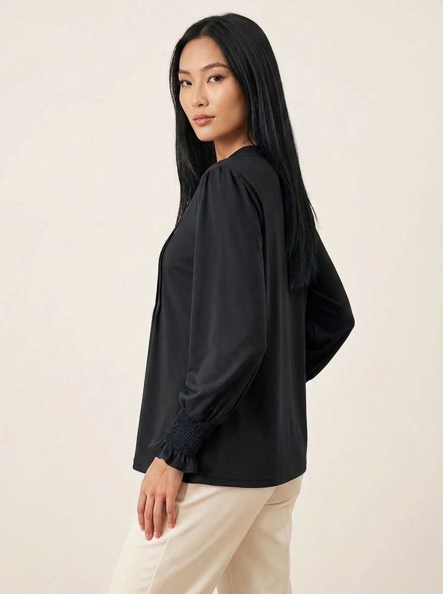 VelouraAvenue Notched Flounce Sleeve Blouse - Black - Image 11