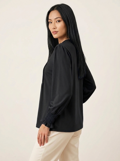 VelouraAvenue Notched Flounce Sleeve Blouse - Black - Image 11