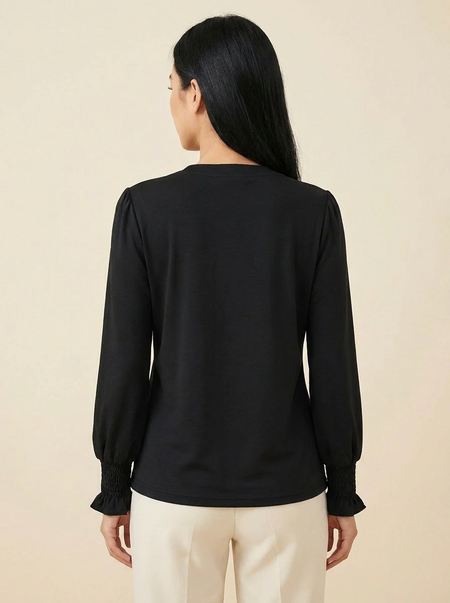 VelouraAvenue Notched Flounce Sleeve Blouse - Black - Image 12