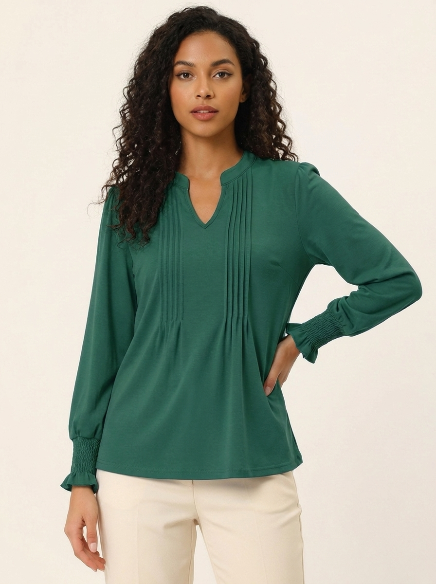 VelouraAvenue Notched Flounce Sleeve Blouse - Green - Image 13