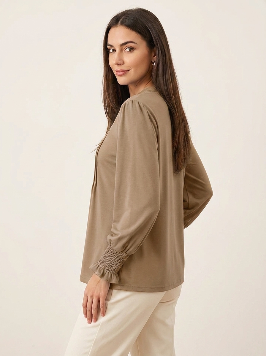 VelouraAvenue Notched Flounce Sleeve Blouse - Khaki - Image 17