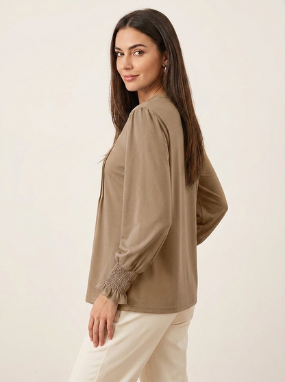 VelouraAvenue Notched Flounce Sleeve Blouse - Khaki - Image 17