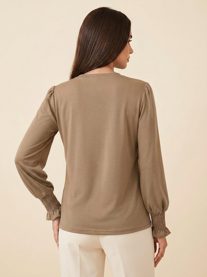 VelouraAvenue Notched Flounce Sleeve Blouse - Khaki - Image 18