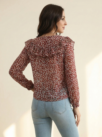 Statement Collar Long Sleeve Blouse Deep Red