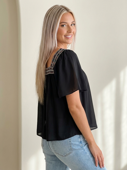 Contrast Square Neck Blouse Black
