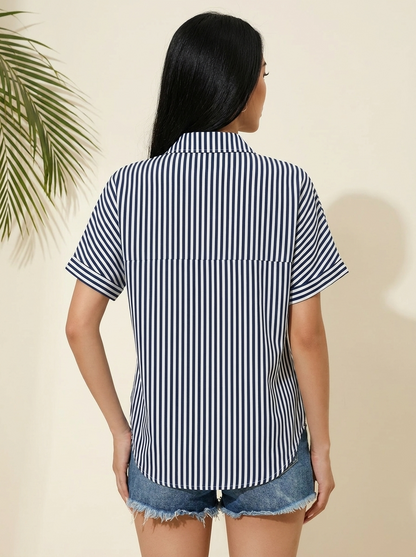 Lapel Collar Blouse Navy Stripe back