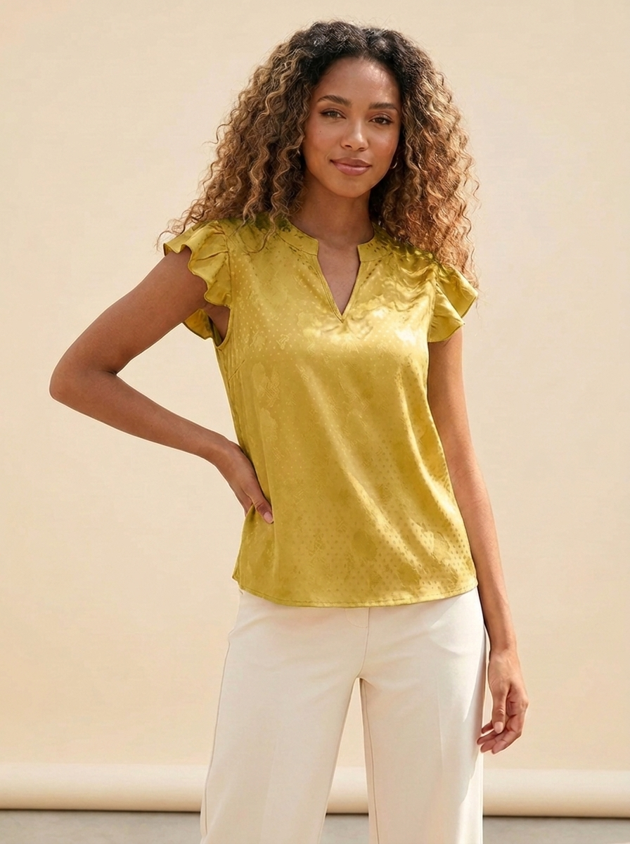 VelouraAvenue Notched Butterfly Sleeve Blouse - Yellow - Image 4