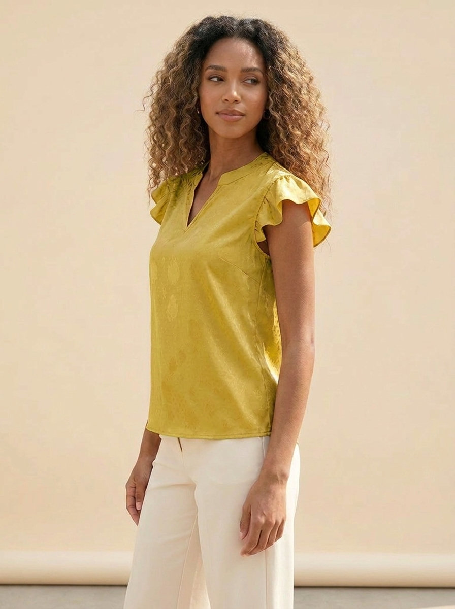 VelouraAvenue Notched Butterfly Sleeve Blouse - Yellow - Image 5
