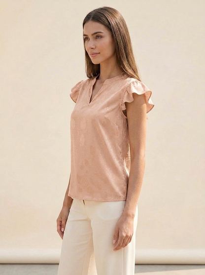 VelouraAvenue Notched Butterfly Sleeve Blouse - Apricot - Image 8
