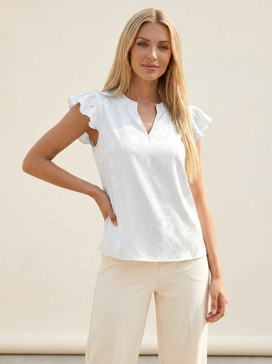 VelouraAvenue Notched Butterfly Sleeve Blouse - White - Image 1