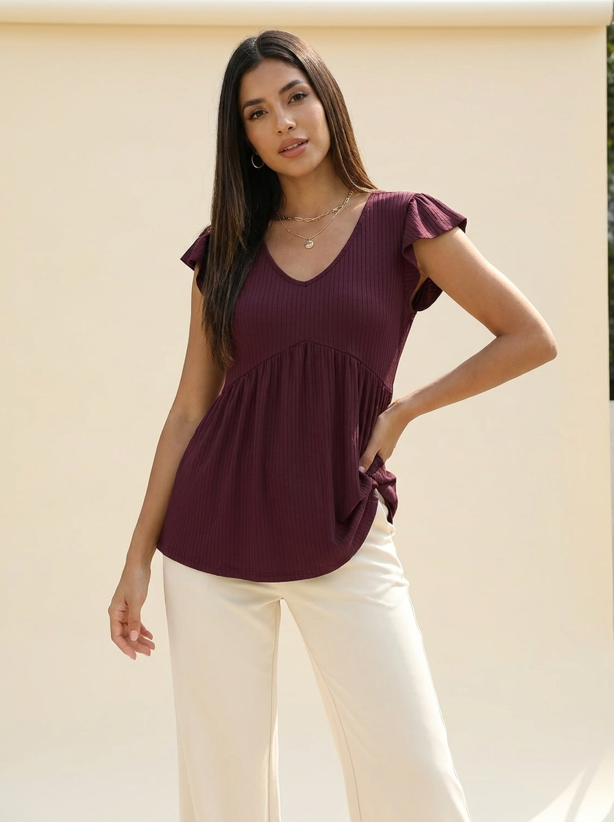 VelouraAvenue V-Neck Babydoll Blouse - Wine - Image 1