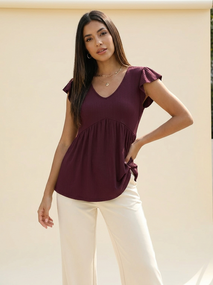 VelouraAvenue V-Neck Babydoll Blouse - Wine - Image 1