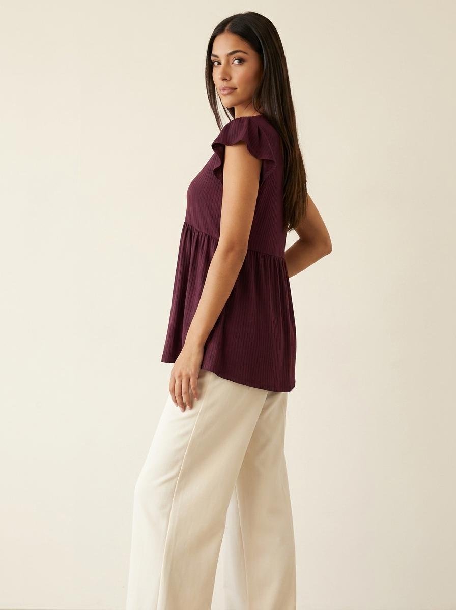 VelouraAvenue V-Neck Babydoll Blouse - Wine - Image 2