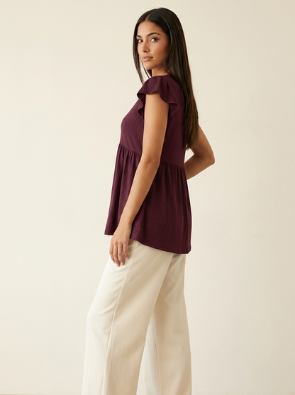 VelouraAvenue V-Neck Babydoll Blouse - Wine - Image 2