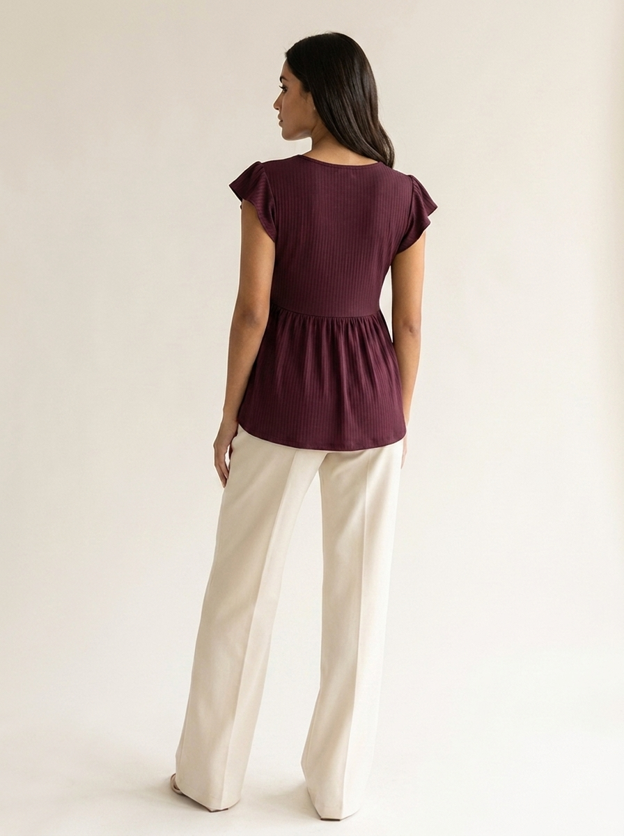 VelouraAvenue V-Neck Babydoll Blouse - Wine - Image 3