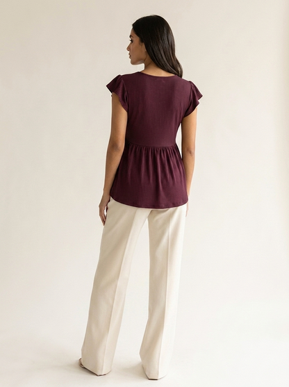 VelouraAvenue V-Neck Babydoll Blouse - Wine - Image 3