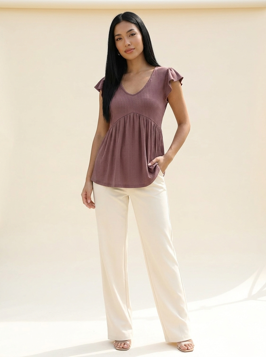 VelouraAvenue V-Neck Babydoll Blouse - Mocha - Image 4