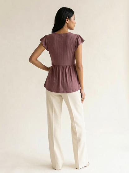 VelouraAvenue V-Neck Babydoll Blouse - Mocha - Image 6