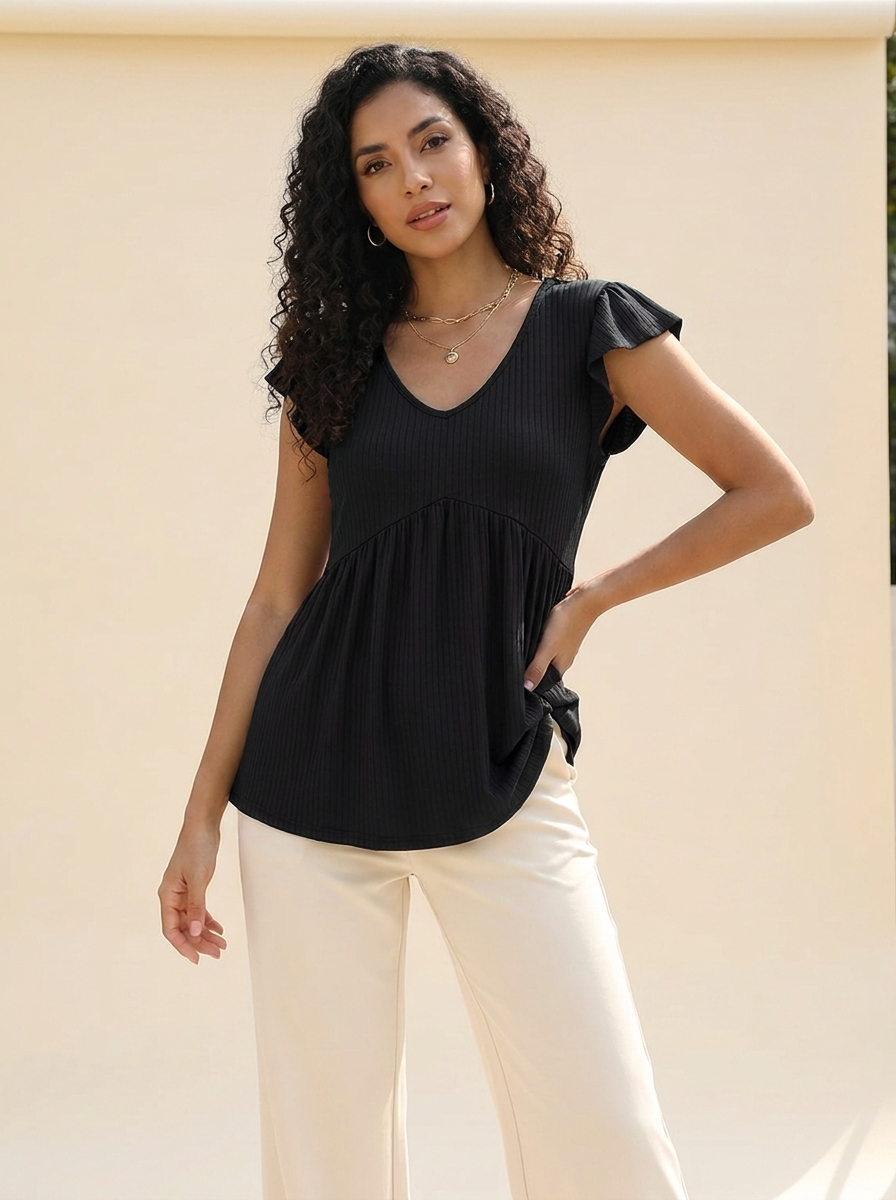 VelouraAvenue V-Neck Babydoll Blouse - Black - Image 7