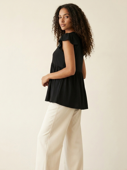 VelouraAvenue V-Neck Babydoll Blouse - Black - Image 8