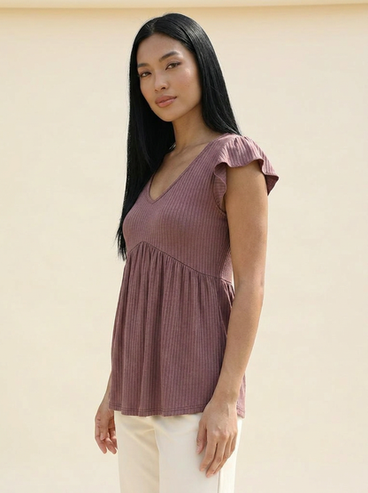 VelouraAvenue V-Neck Babydoll Blouse - Mocha - Image 5