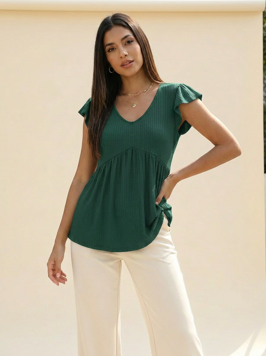 VelouraAvenue V-Neck Babydoll Blouse - Mid Green - Image 10