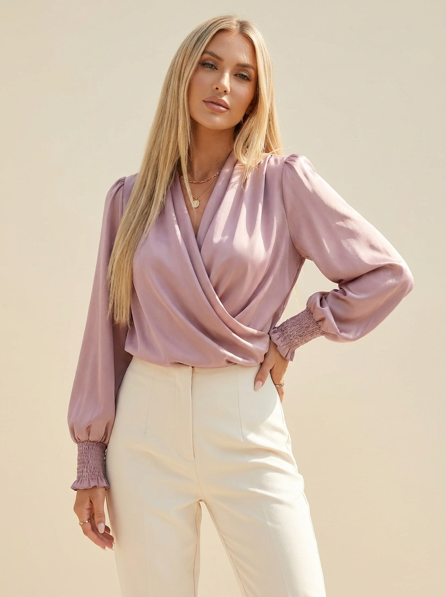 VelouraAvenue Surplice Lantern Sleeve Blouse - Light Mauve - Image 10