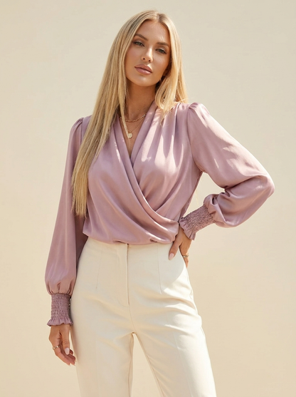 VelouraAvenue Surplice Lantern Sleeve Blouse - Light Mauve - Image 10