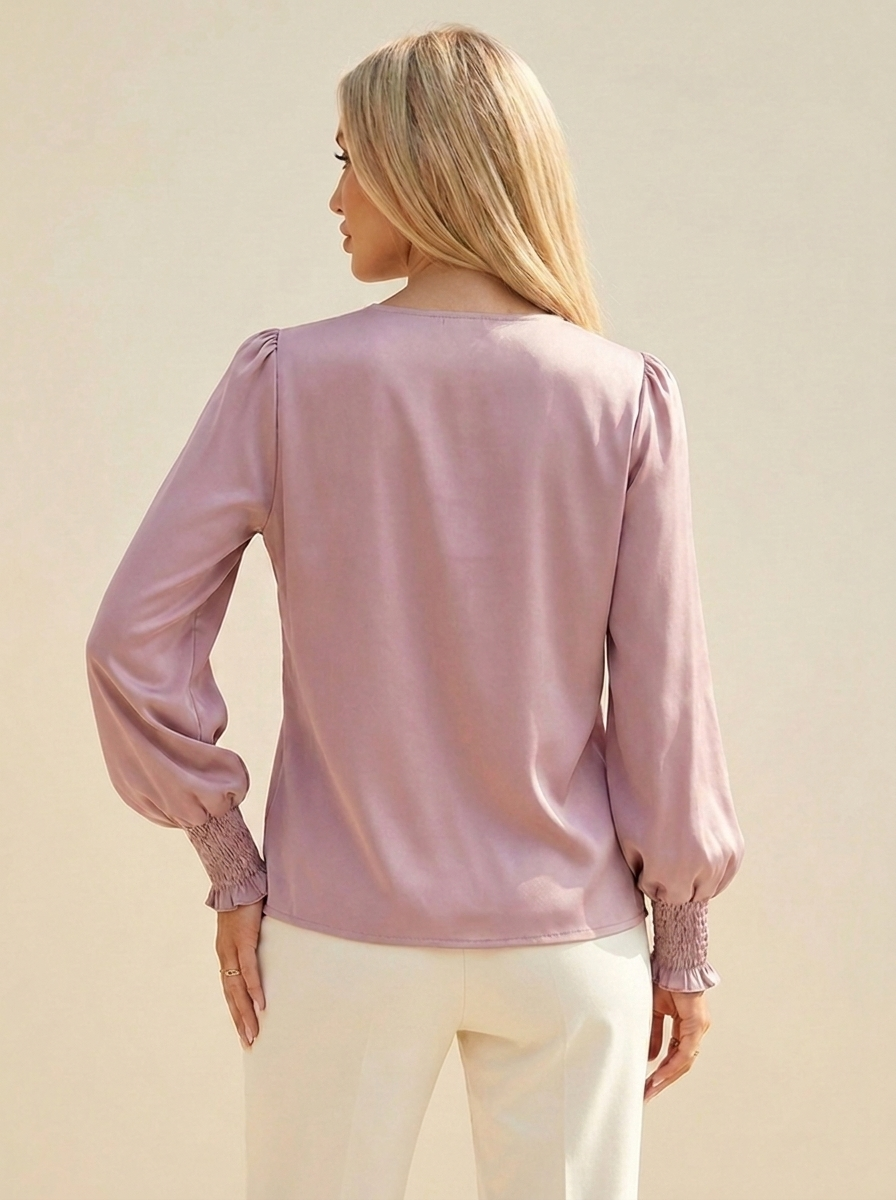 VelouraAvenue Surplice Lantern Sleeve Blouse - Light Mauve - Image 12