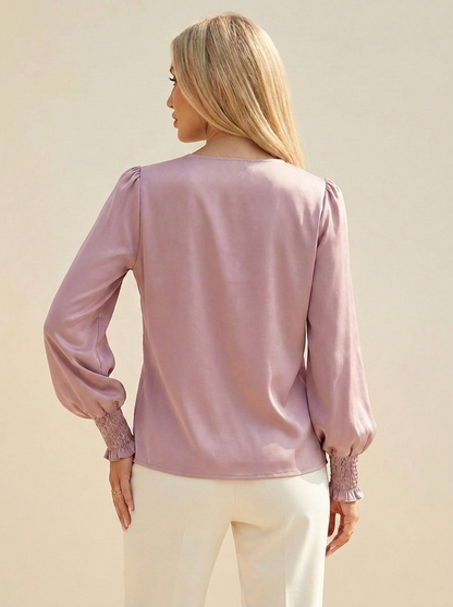 VelouraAvenue Surplice Lantern Sleeve Blouse - Light Mauve - Image 12