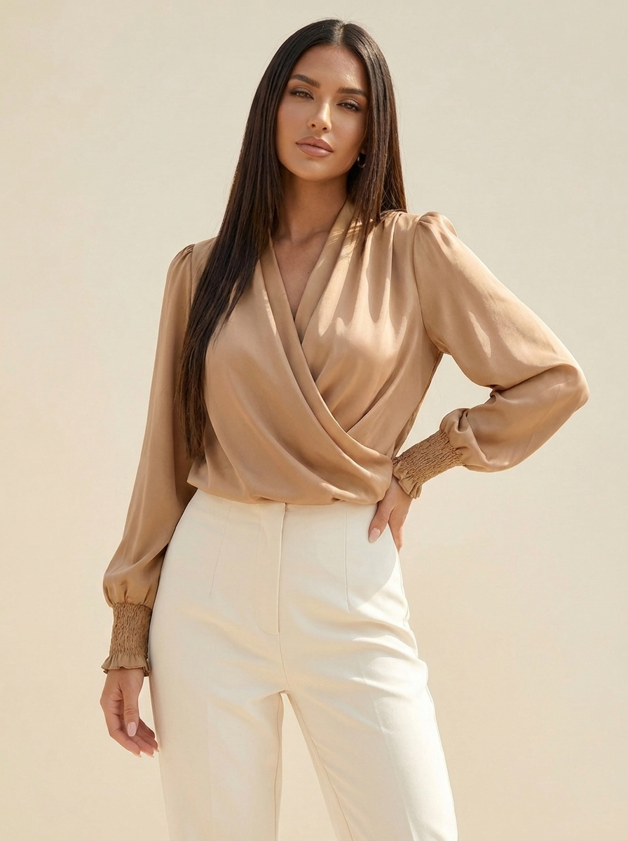 VelouraAvenue Surplice Lantern Sleeve Blouse - Tan - Image 1