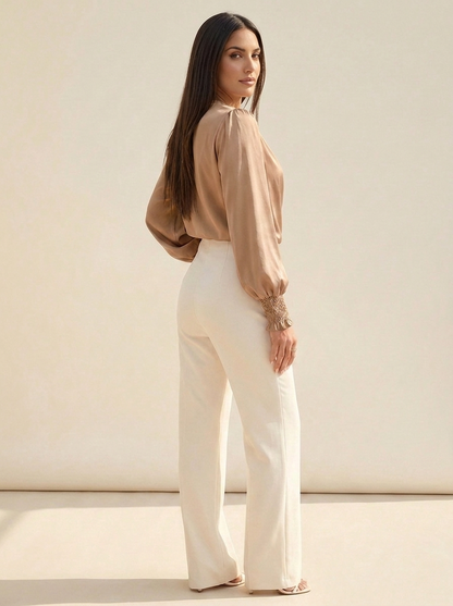 VelouraAvenue Surplice Lantern Sleeve Blouse - Tan - Image 2