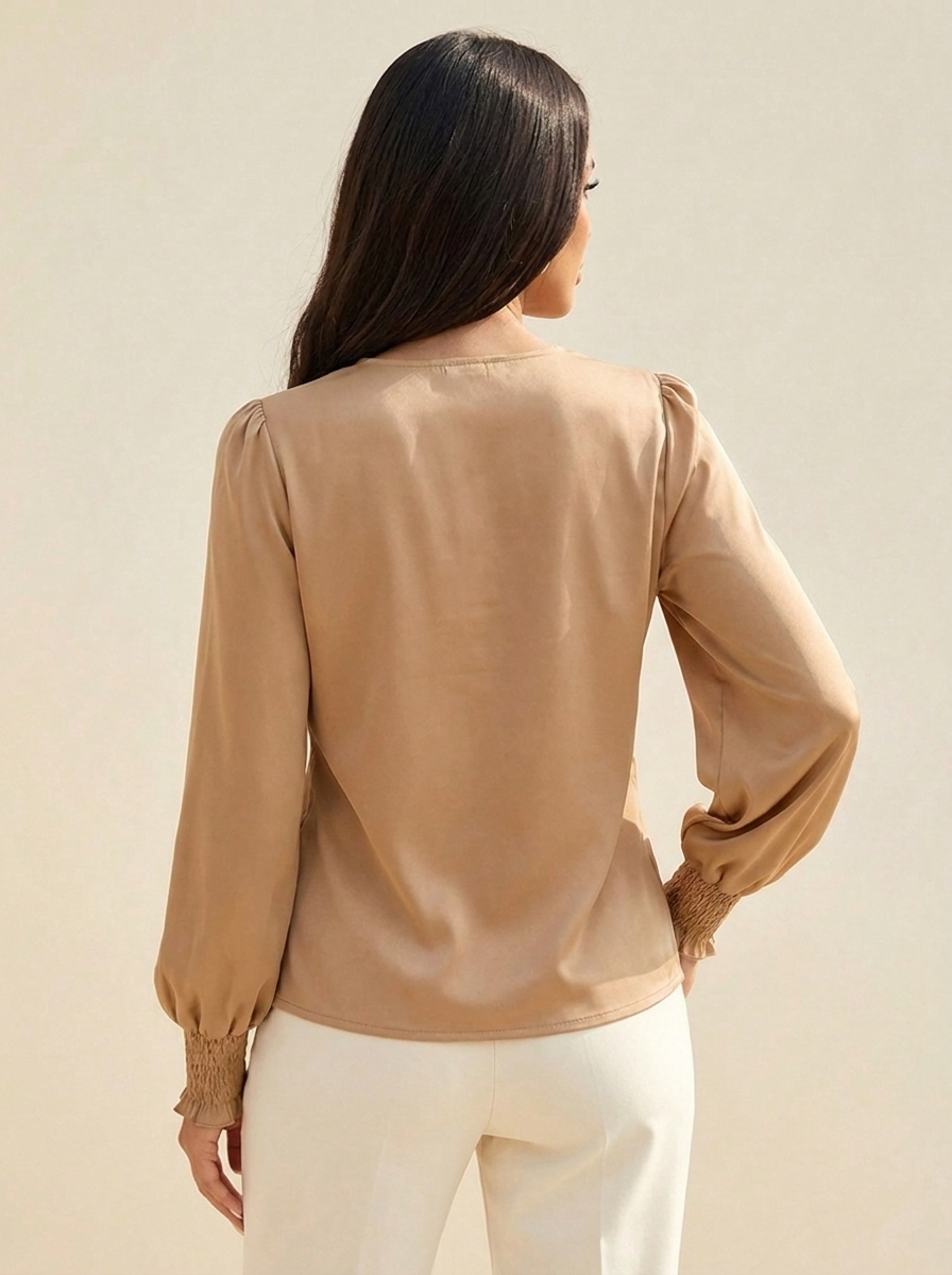 VelouraAvenue Surplice Lantern Sleeve Blouse - Tan - Image 3