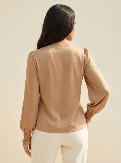 VelouraAvenue Surplice Lantern Sleeve Blouse - Tan - Image 3