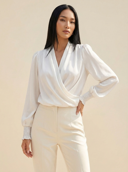 VelouraAvenue Surplice Lantern Sleeve Blouse - White - Image 4