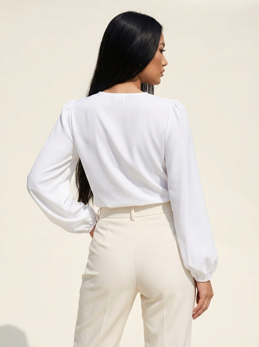 VelouraAvenue Surplice Lantern Sleeve Blouse - White - Image 6