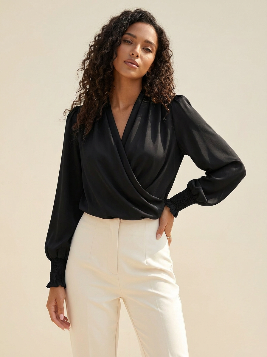 VelouraAvenue Surplice Lantern Sleeve Blouse - Black - Image 7