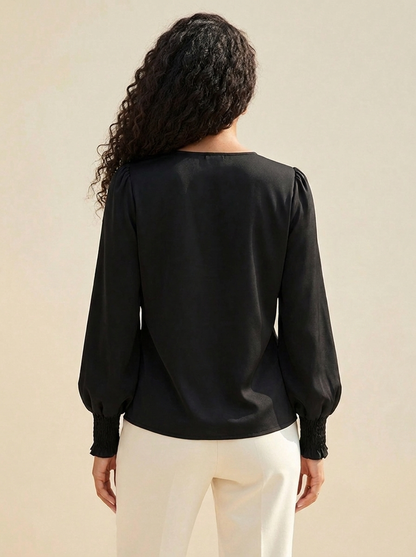 VelouraAvenue Surplice Lantern Sleeve Blouse - Black - Image 9