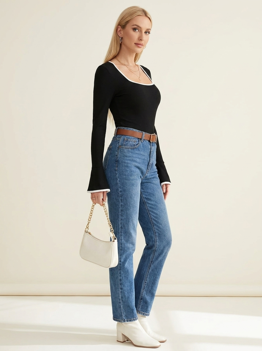 VelouraAvenue Long Sleeve Contrast Bodysuit - Black - Image 3